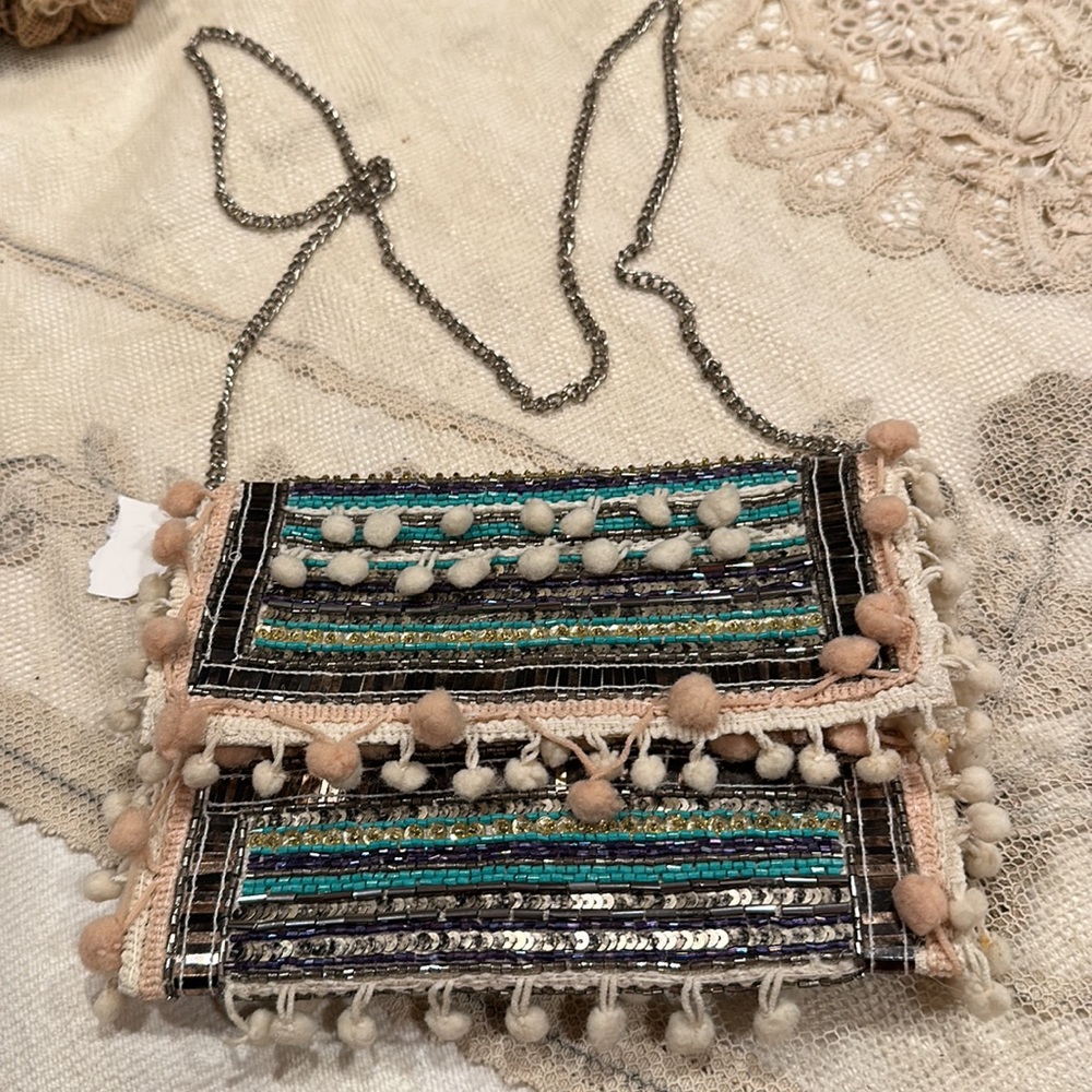 Rare Diego Binetti Boho Embellished Crossbody Bag - Teal, Cream & Black